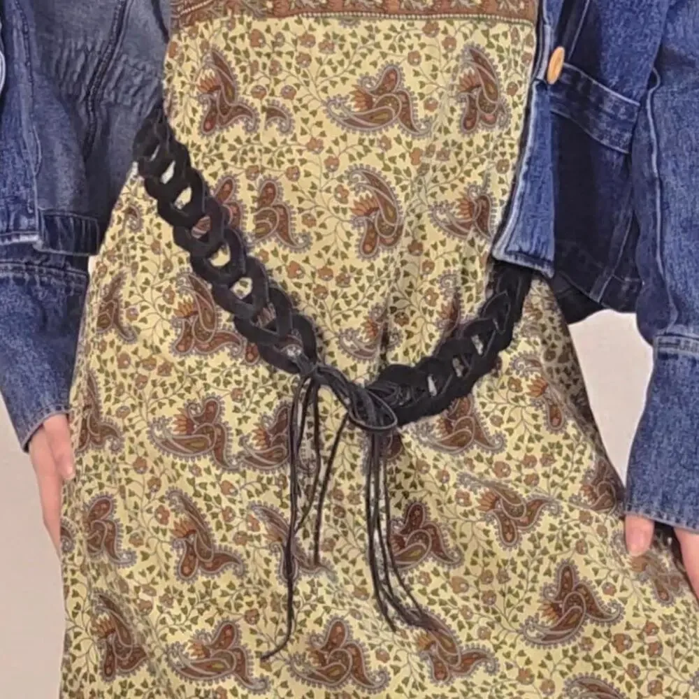 Vintage Braided Belt Waist Boho Western Fringe Festival Waist Belt Black Suede